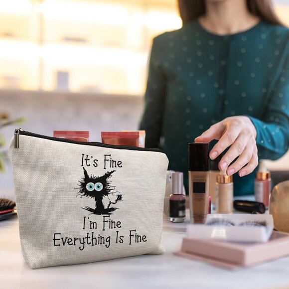 Cat Makeup Bag,Cat Gifts For Cat Lovers,Cat Themed Gifts,It's Fine I'm Fine Ever - Picture 4 of 5